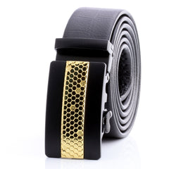 Gold Honeycomb Automatic Ratchet Belt – Black Leather, No Holes needed Perfect Fit
