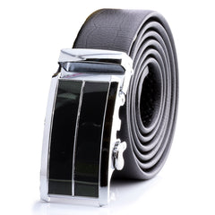 Classic Silver Automatic Ratchet Belt – Black Leather, No Holes Perfect Fit