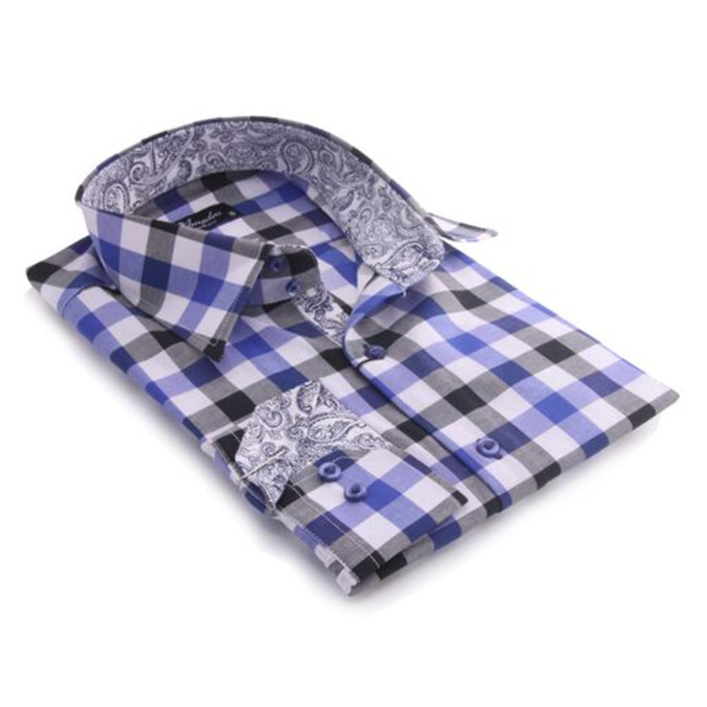 Blue Check with Paisley Mens Slim Fit Designer Dress Shirt - tailored Cotton Shirts for Work and Casual Wear - Amedeo Exclusive