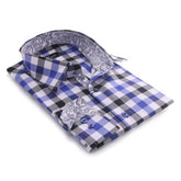 Blue Check with Paisley Mens Slim Fit Designer Dress Shirt - tailored Cotton Shirts for Work and Casual Wear - Amedeo Exclusive