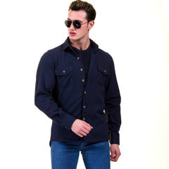 Solid Navy Blue Check Mens Slim Fit Designer Dress Shirt - tailored Cotton Shirts for Work and Casual Wear