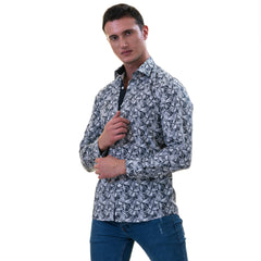 Black White Leaves French Cuff Shirt - Slim Fit Cotton Shirt for Men - Work & Casual