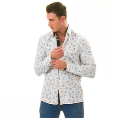 White Floral Men's Slim Fit Designer Dress Shirt - Tailored Cotton