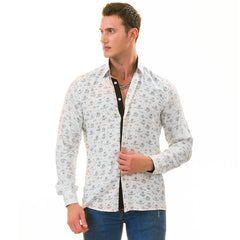 White Floral Men's Slim Fit Designer Dress Shirt - Tailored Cotton