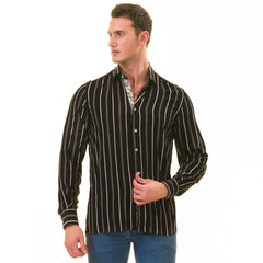 Black Striped Men's Slim Fit Designer French Cuff Shirt - Tailored Cotton