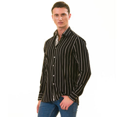 Black Striped Men's Slim Fit Designer French Cuff Shirt - Tailored Cotton