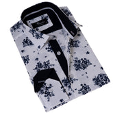 White Navy Floral Digital Men's Slim Fit Designer Dress Shirt - Tailored Cotton