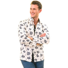 White Navy Floral Digital Men's Slim Fit Designer Dress Shirt - Tailored Cotton