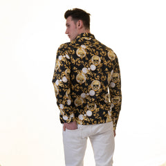 Black with Gold Skulls Mens Slim Fit Designer French Cuff Shirt - tailored Cotton Shirts for Work and Casual Wear