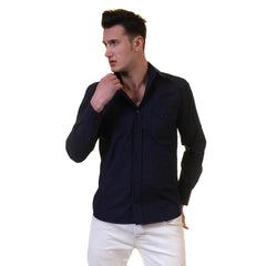 Solid Navy Blue Mens Slim Fit Designer Dress Shirt - tailored Cotton Shirts for Work and Casual Wear