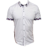 Men's Button down Tailor Fit Soft 100% Cotton Short Sleeve Dress Shirt White with Colorful Checkcasual And Formal - Amedeo Exclusive