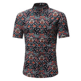 Tan with Black Multi Color Mens Short Sleeve Button up Shirts - Tailored Slim Fit Cotton Dress Shirts - Amedeo Exclusive