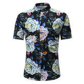 Black Floral check Mens Short Sleeve Button up Shirts - Tailored Slim Fit Cotton Dress Shirts - Amedeo Exclusive