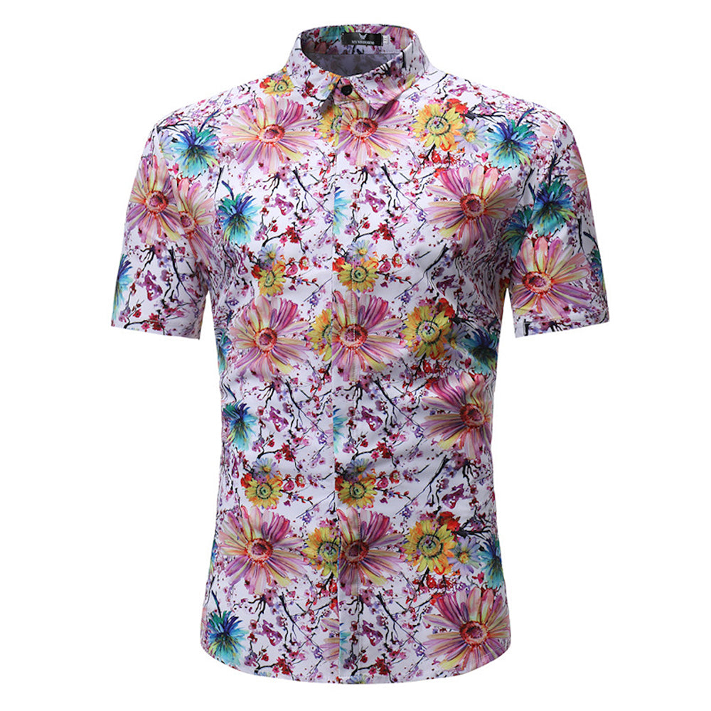 Men's Button down Tailor Fit Soft 100% Cotton Short Sleeve Dress Shirt White Floral check casual And Formal - Amedeo Exclusive