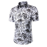 Men's Button down Tailor Fit Soft 100% Cotton Short Sleeve Dress Shirt Navy Blue Chains casual And Formal - Amedeo Exclusive