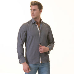 Bluish Slim Fit French Cuff Shirt for Men - Long Sleeve (Floral Design Inside)