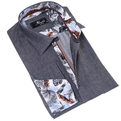Gray French Cuff Shirt for Men - Long Sleeve, Slim Fit (Tropical Design Inside)