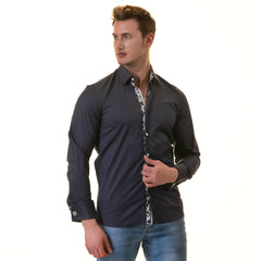 Navy French Cuff Shirt - Men's Slim Fit Long-Sleeved (Floral Design Inside)