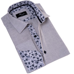 Gray French Cuff Shirt - Men's Slim Fit Long-Sleeved (Black Floral Inside)