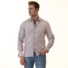 Gray French Double Cuff Shirt - Slim Fit Long-Sleeved Shirt (White Pattern Inside)