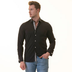 Black French Dubble Cuff Shirt - Slim Fit Long-Sleeved (Geometric Pattern Inside)