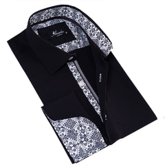 Black French Dubble Cuff Shirt - Slim Fit Long-Sleeved (Geometric Pattern Inside)