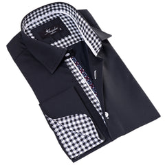 Black French Cuff Shirt - Men's Slim Fit Long-Sleeved (Checkered Design Inside)
