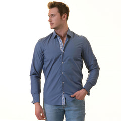 Blue French Cuff T-Shirt - Long Sleeve Slim Fit T-Shirt (Paisley Design Inside)