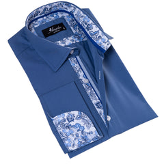 Blue French Cuff T-Shirt - Long Sleeve Slim Fit T-Shirt (Paisley Design Inside)