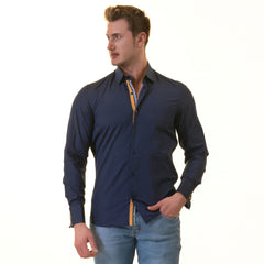 Navy/Yellow Checkered French Cuff T-Shirt - Men’s Long Sleeve Slim Fit T-Shirt
