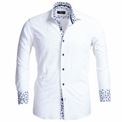 White and Blue Floral Dark Purple Men's Slim Fit French Cuff Dress Shirts with Cufflink Holes - Casual and Formal - Amedeo Exclusive