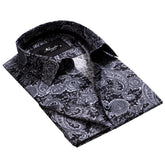 Black Grey Paisley Mens Slim Fit French Cuff Dress Shirts with Cufflink Holes - Casual and Formal - Amedeo Exclusive