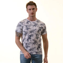 White Navy Floral Premium Crew Neck Short Sleeve T-Shirt - European Made
