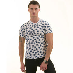 White Navy Palm Tree Premium T-Shirt for Men - European Made Crew Neck