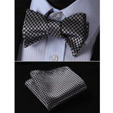 Black With Silver Check Mens Silk Self tie Bow Tie with Pocket Squares Set - Amedeo Exclusive