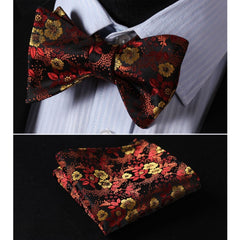 Men's Silk Orange Floral Self Bow Tie Pocket Handkerchief - Amedeo Exclusive