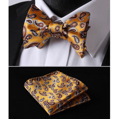 Orange Brown Paisley Mens Silk Self tie Bow Tie with Pocket Squares Set - Amedeo Exclusive