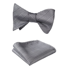 Men's Silk Black White Check Self Bow Tie Pocket Handkerchief - Amedeo Exclusive