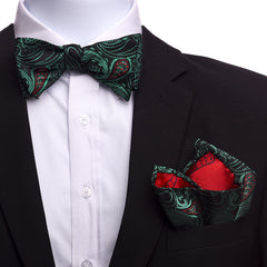 Men's Silk Green Black Red Self Bow Tie - Amedeo Exclusive