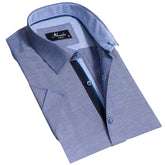 Solid Denim Blue Mens Short Sleeve Button up Shirts - Tailored Slim Fit Cotton Dress Shirts