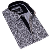 Black & White Paisley Short Sleeve Button-Up Shirt, Slim Fit Cotton Dress Shirt