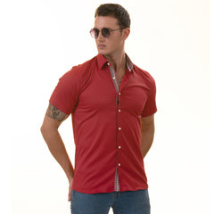 Red with Burgundy Interior Paisley Short Sleeve Button-Up Shirt - Slim Fit Cotton