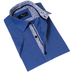 Blue Oxford Inside Floral Paisley Short Sleeve Button-Up Shirt - Slim Fit Cotton