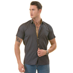 Navy Mustard Designer Paisley Short Sleeve Button-Up Shirt - Slim Fit Cotton