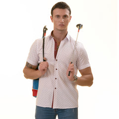White Burgundy Paisley Slim Fit Short Sleeve Cotton Printed Button-Up Shirt