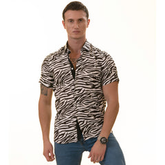 Black & White Zebra Paisley Slim Fit Short Sleeve Cotton Button-Up Shirt