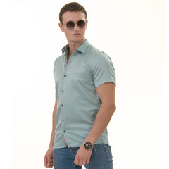 Green Purple Paisley Slim Fit Short Sleeve Cotton Button-Up Dress Shirt