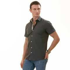 Navy Floral Paisley Slim Fit Short Sleeve Cotton Button-Up Dress Shirt