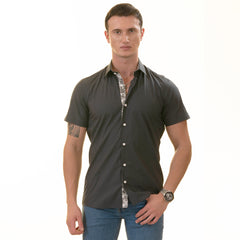 Navy Floral Paisley Slim Fit Short Sleeve Cotton Button-Up Dress Shirt