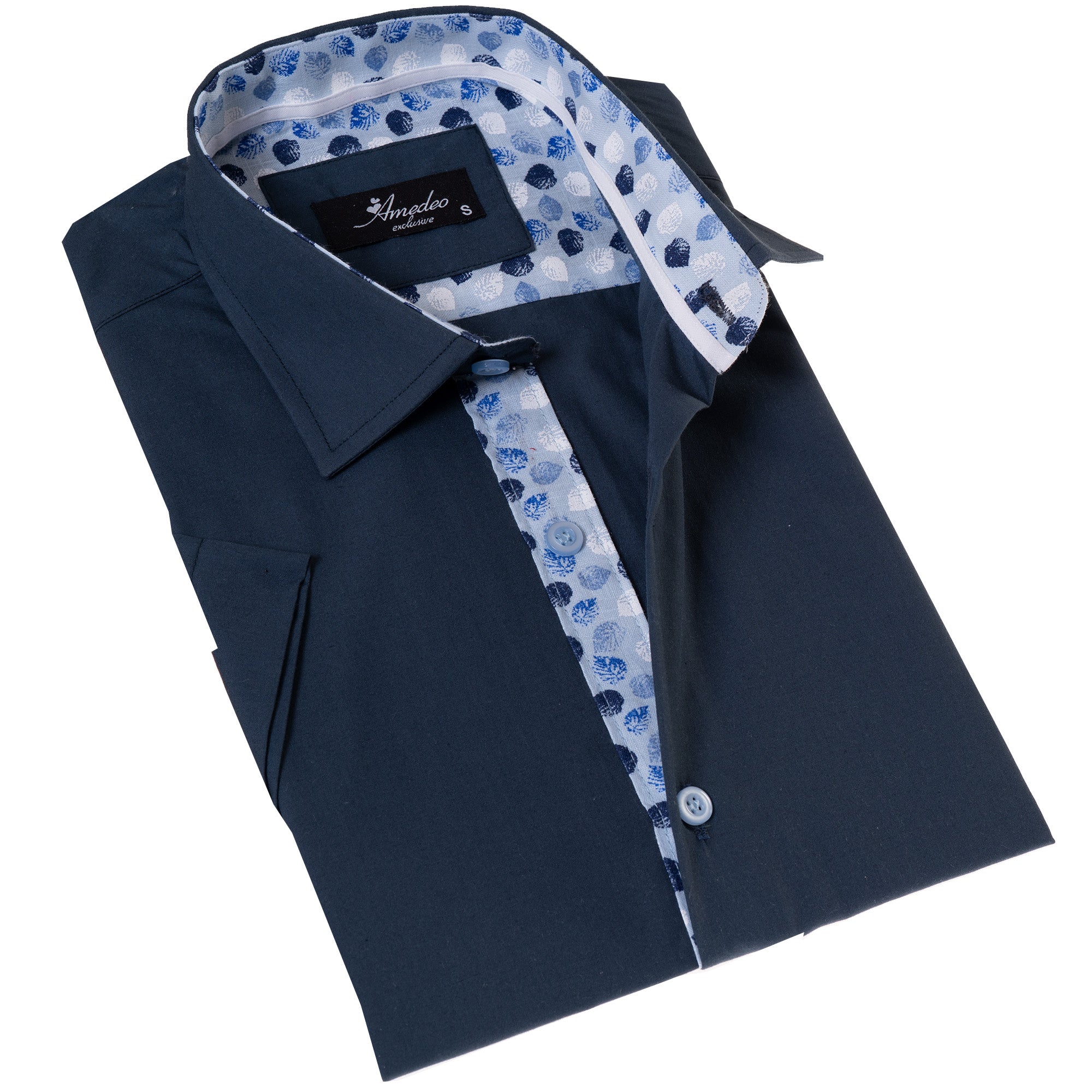 A navy blue, short sleeve dress shirts for men with a spread collar, made of luxury European cotton, displayed on a white background.
